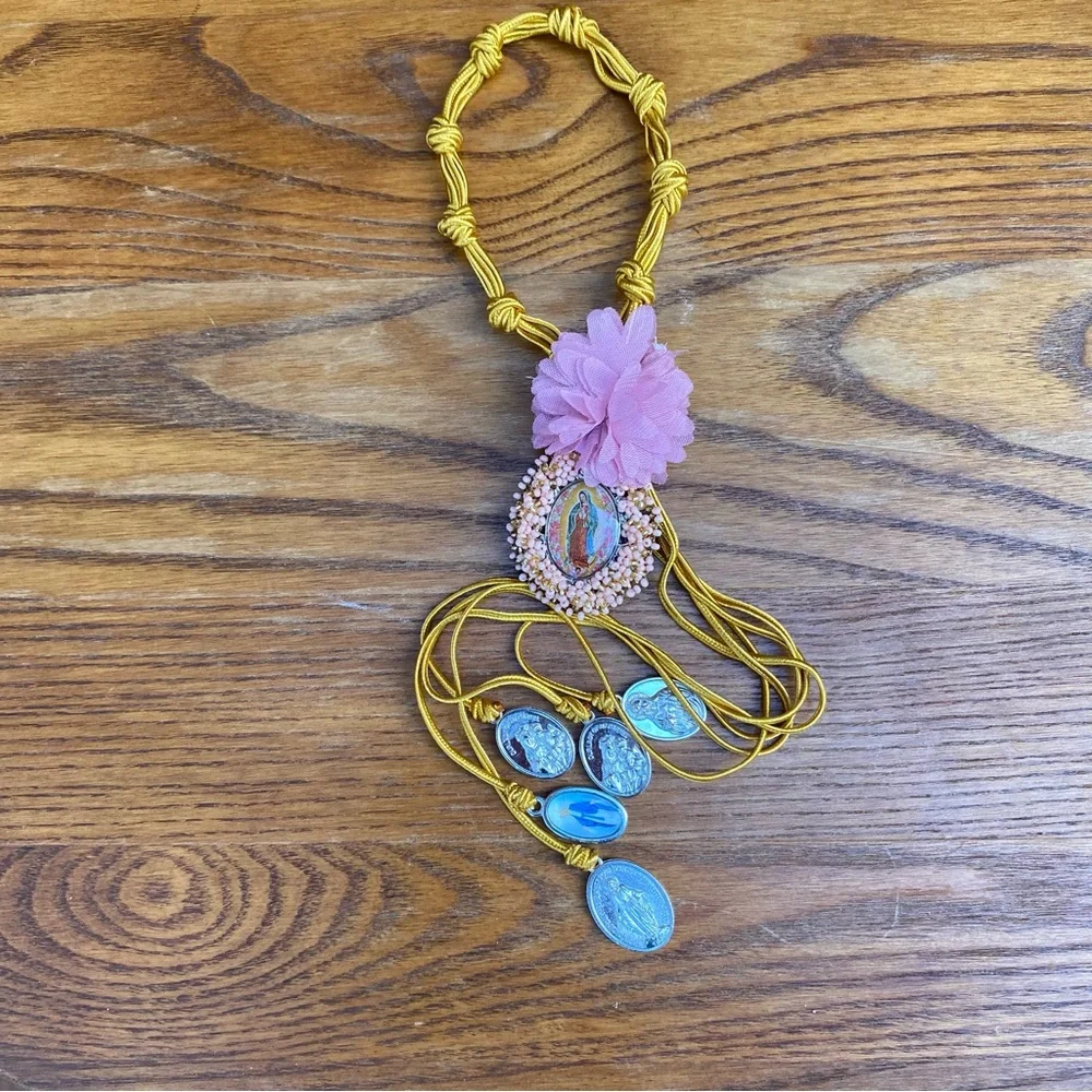 Mother Mary medallions handmade Gold/Pink ribbon door hanger Catholic ornament